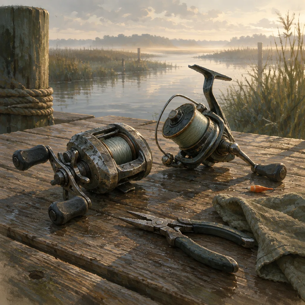 Gulungan baitcasting logam yang aus dan gulungan spinning kecil di papan dermaga basah, tang dan kain lap di sebelahnya
